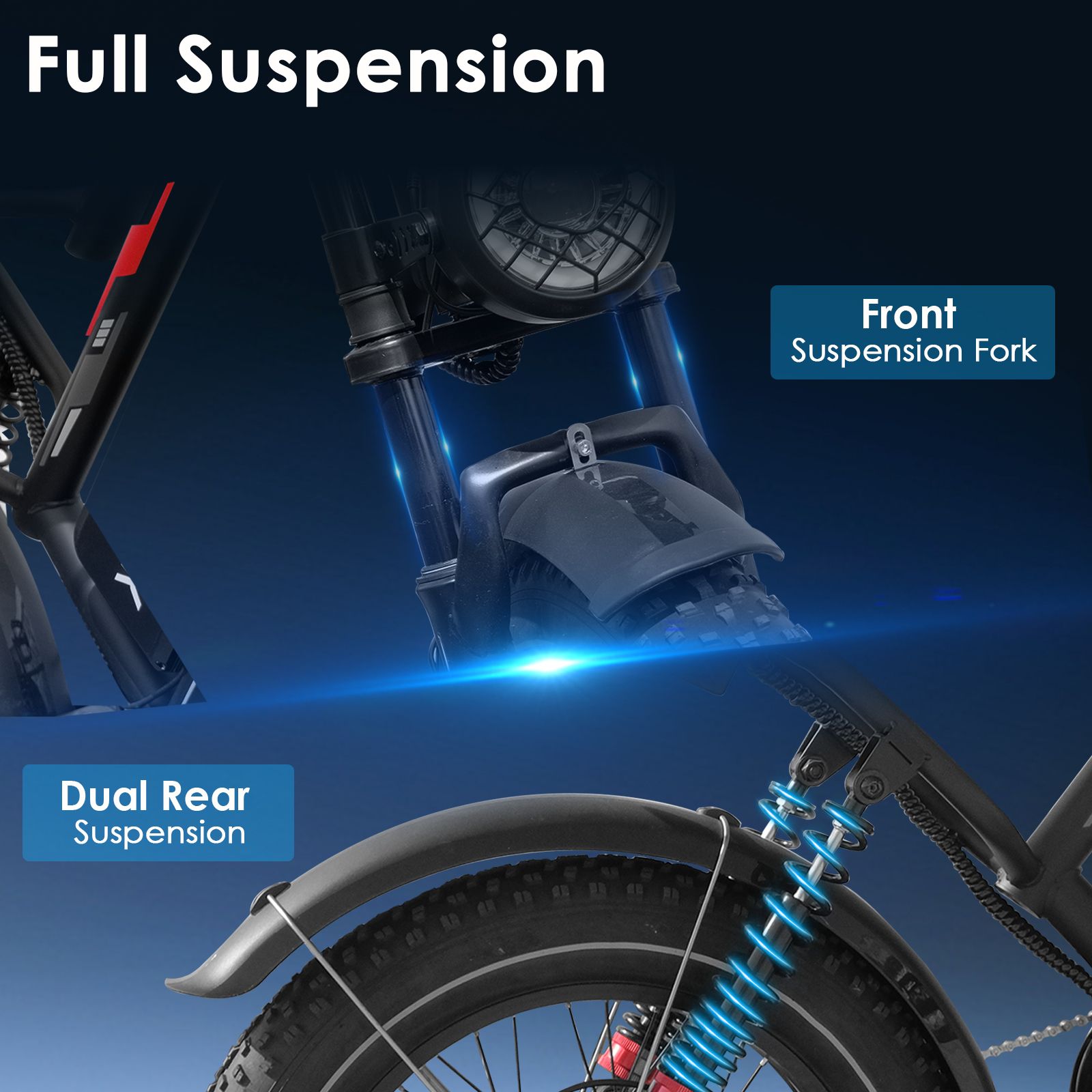 Gros plan de la suspension d'un vélo électrique. Légendes: Front Suspension Fork, Dual Rear Suspension.
