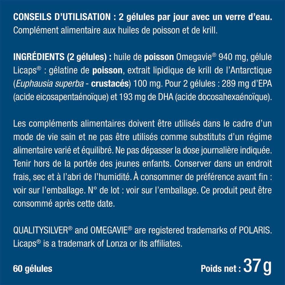 Texte avec ingrédients et instructions d'utilisation. 60 gélules. Poids net 37g.