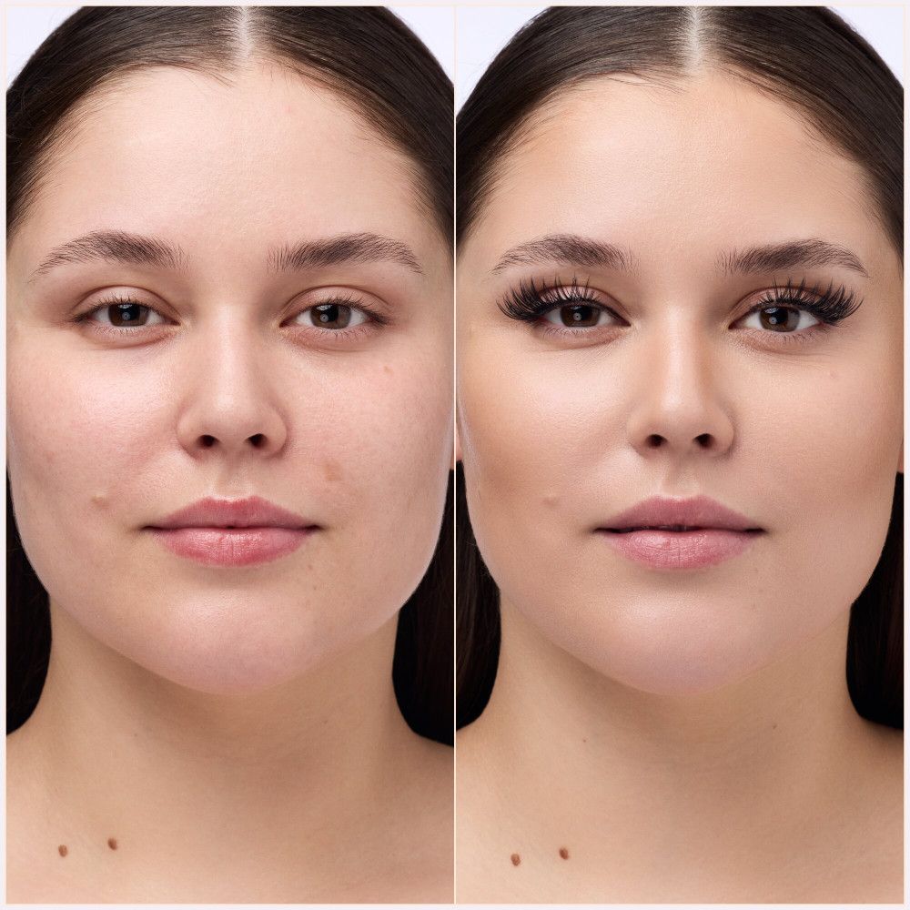 Voor-en-na vergelijking: gezicht van een vrouw zonder en met wimperextensions. Duidelijk verschil in de ogen.
