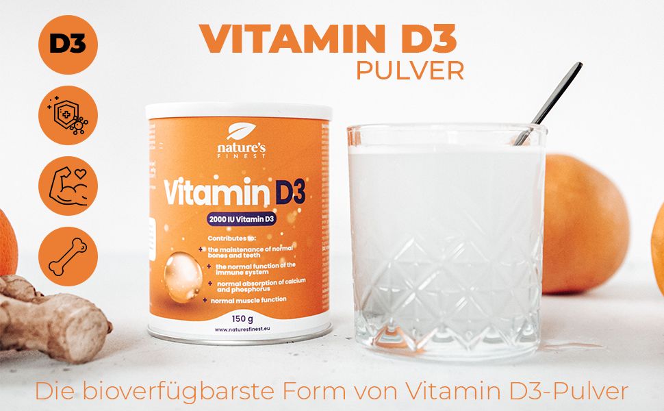 Boîte de poudre de Vitamine D3 Nature's Finest à côté d'un verre de lait et d'oranges. Avec icônes pour le système immunitaire, les os et les muscles.