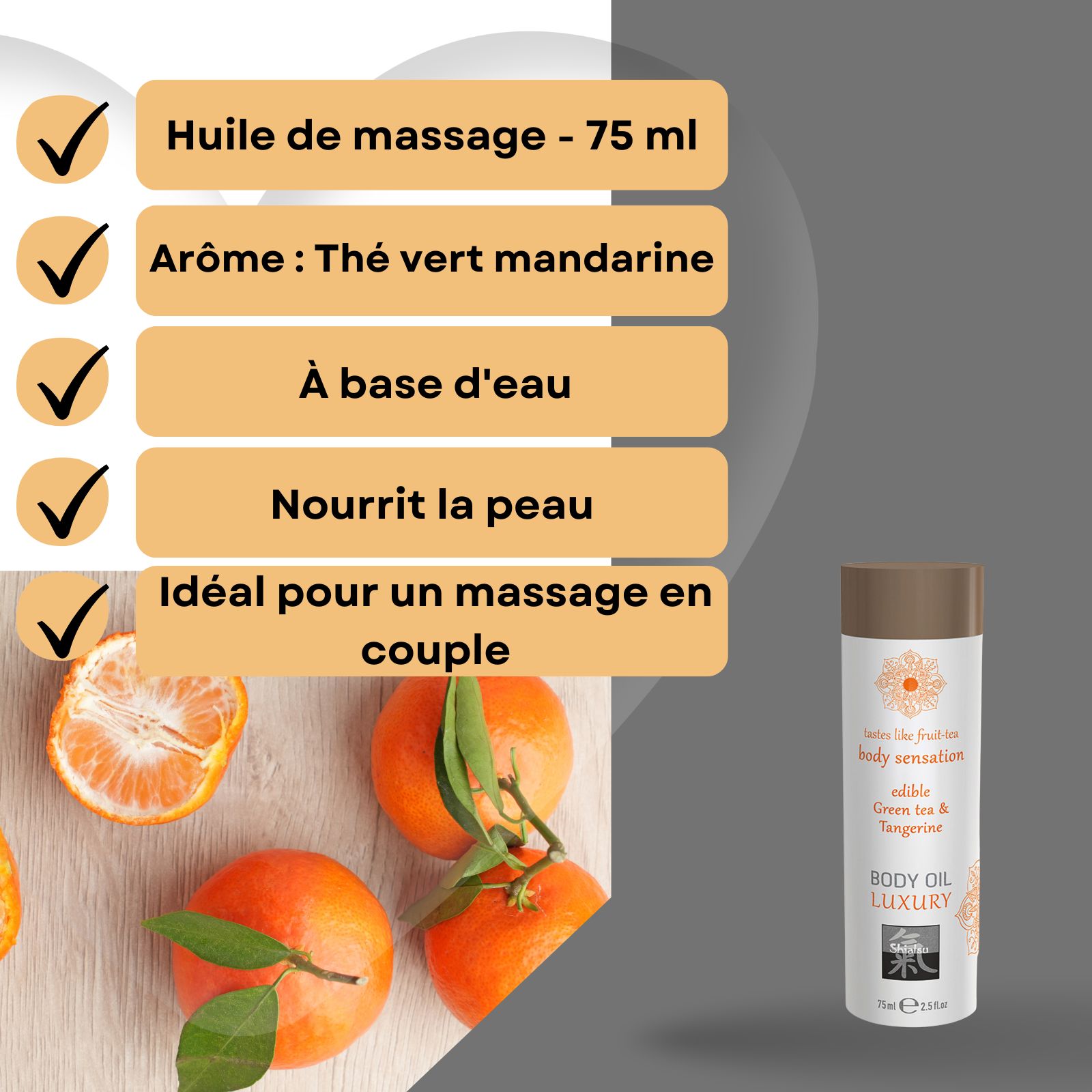 Flacon d'huile corporelle Shiatsu Luxury, 75ml, arôme mandarine et thé vert.