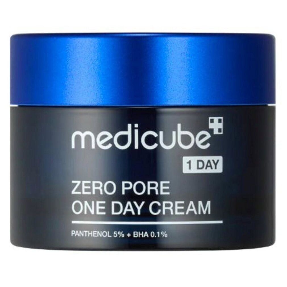 Medicube Zero Pore One Day Cream in zwarte pot met blauwe dop. Bevat panthenol en BHA.