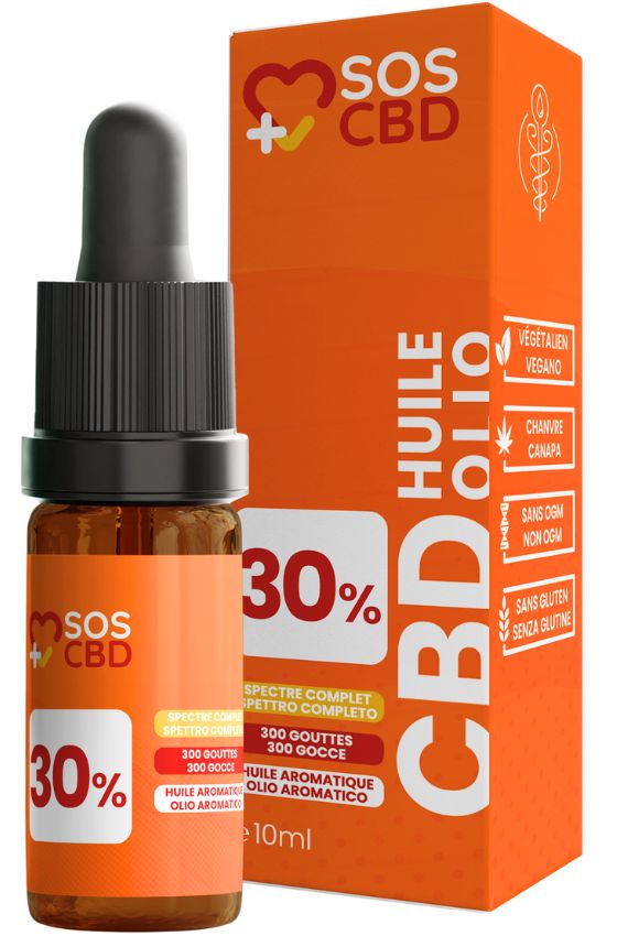 Bruine glazen fles met zwarte druppelaar en verpakking. Oranje etiket. CBD-olie 30%.