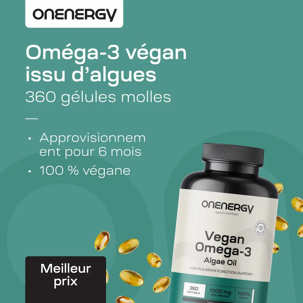 Bouteille d'OnEnergy Vegan Oméga-3 à base d'algues, 360 gélules. "360 gélules molles", "100% végane".