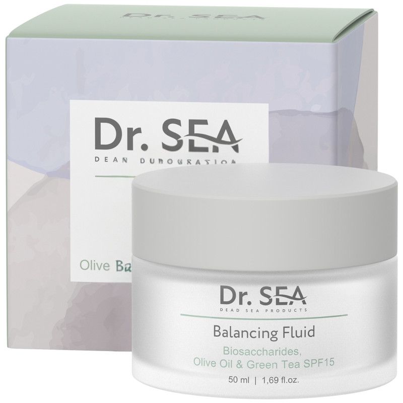 Crèmepot met deksel en verpakking. Opschrift: Dr. SEA, Balancing Fluid, SPF15. 50 ml.