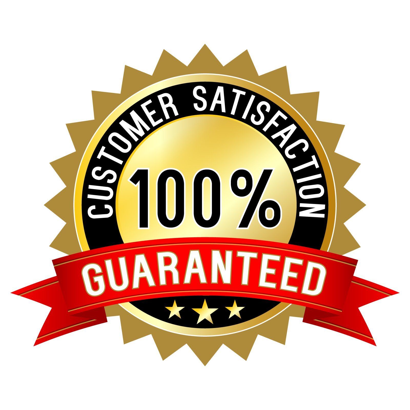 Badge doré avec l'inscription : 100% Satisfaction client garantie. Ruban rouge avec étoiles.