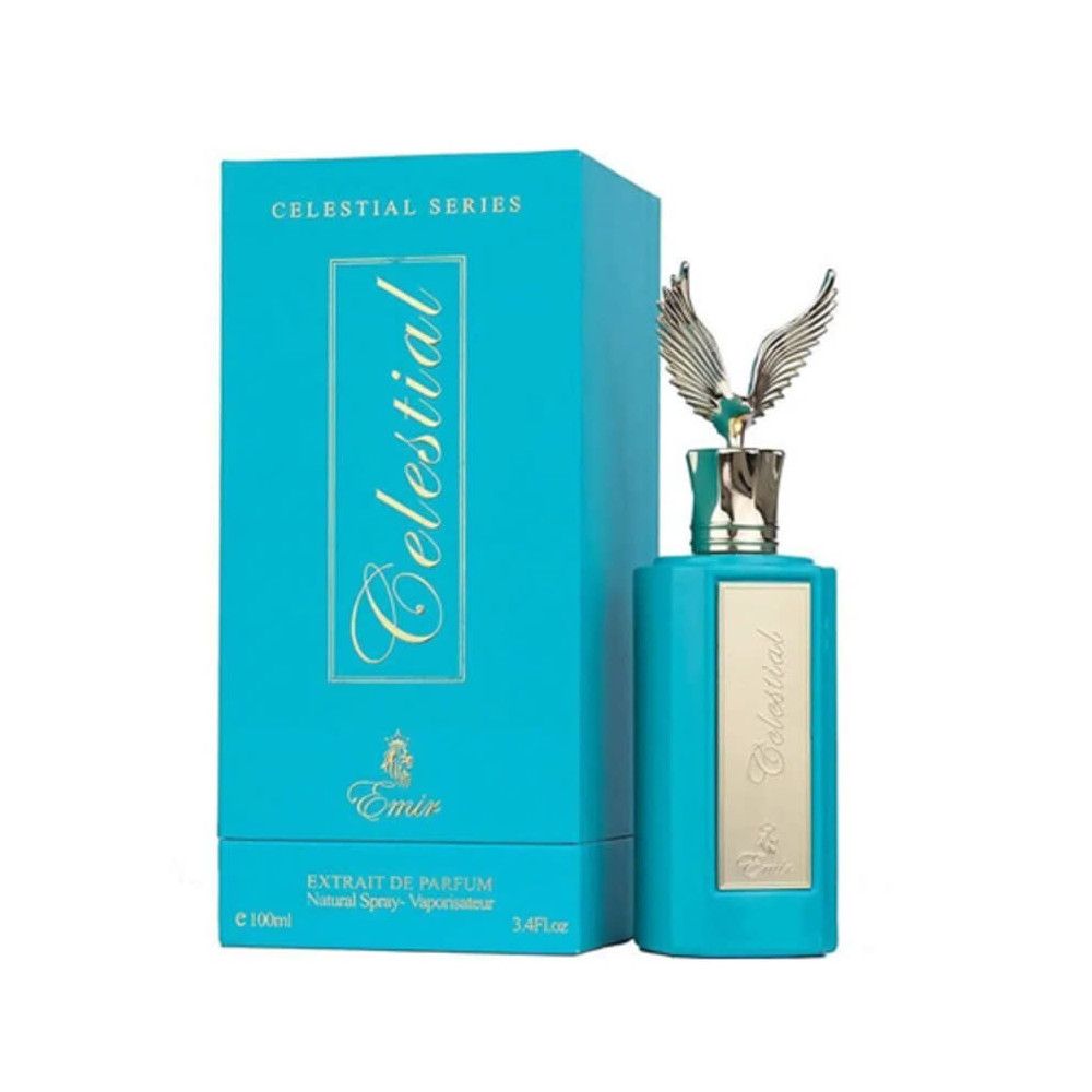 Flacon turquoise avec bouchon doré et ailes. Inscription "Celestial". Emballage rectangulaire avec texte "Celestial Series".