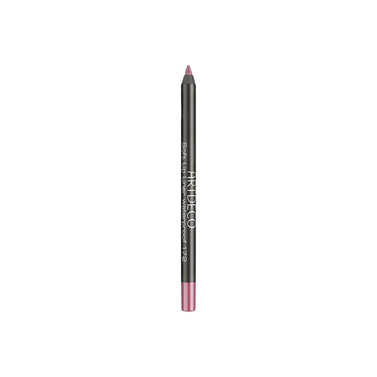 Artdeco Soft Lip Liner Waterproof 172. Donkergrijze lipliner met roze punt. Producttekst op de liner.