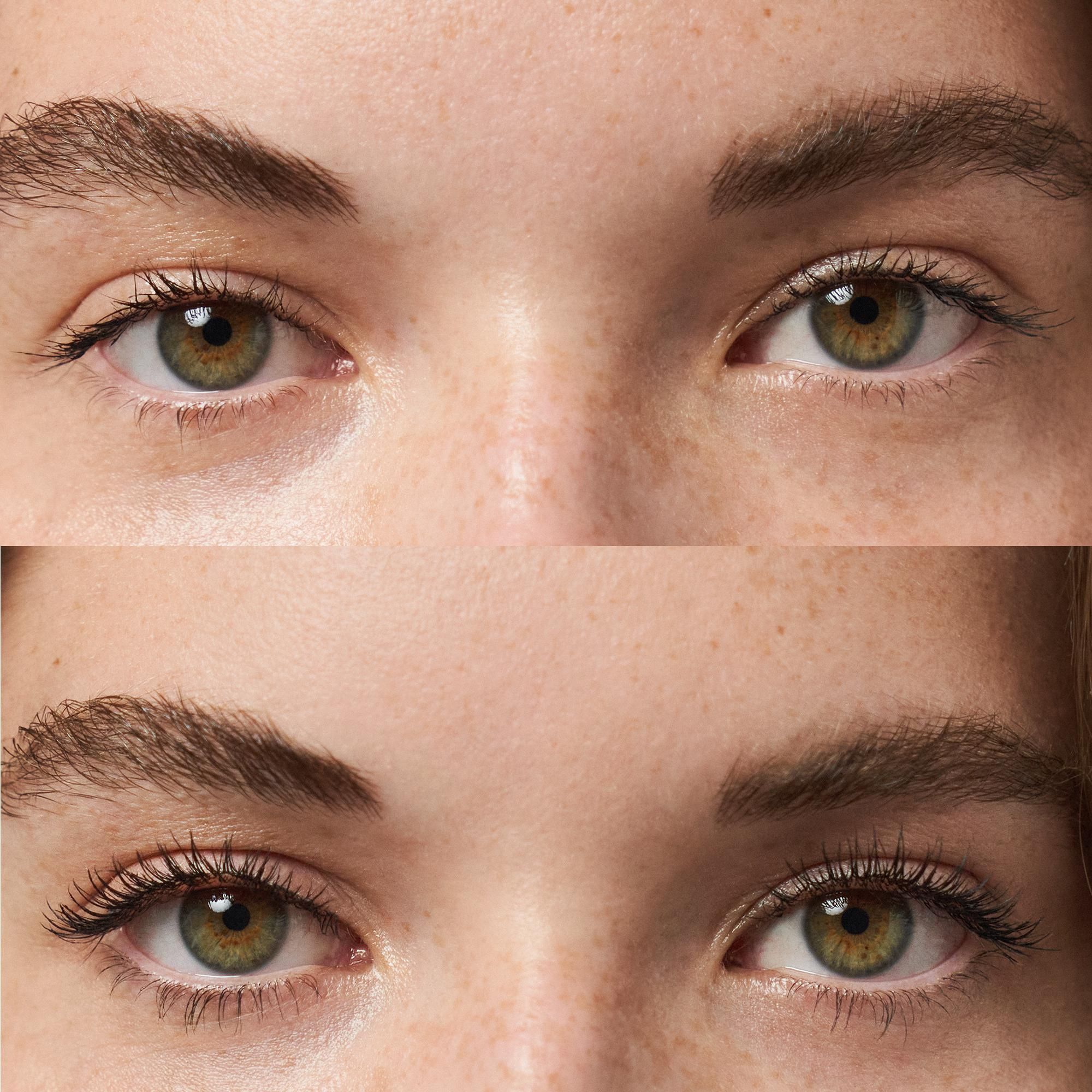 Deux paires d'yeux. En haut : cils non maquillés. En bas : cils avec mascara. Cils nettement plus longs et plus volumineux.