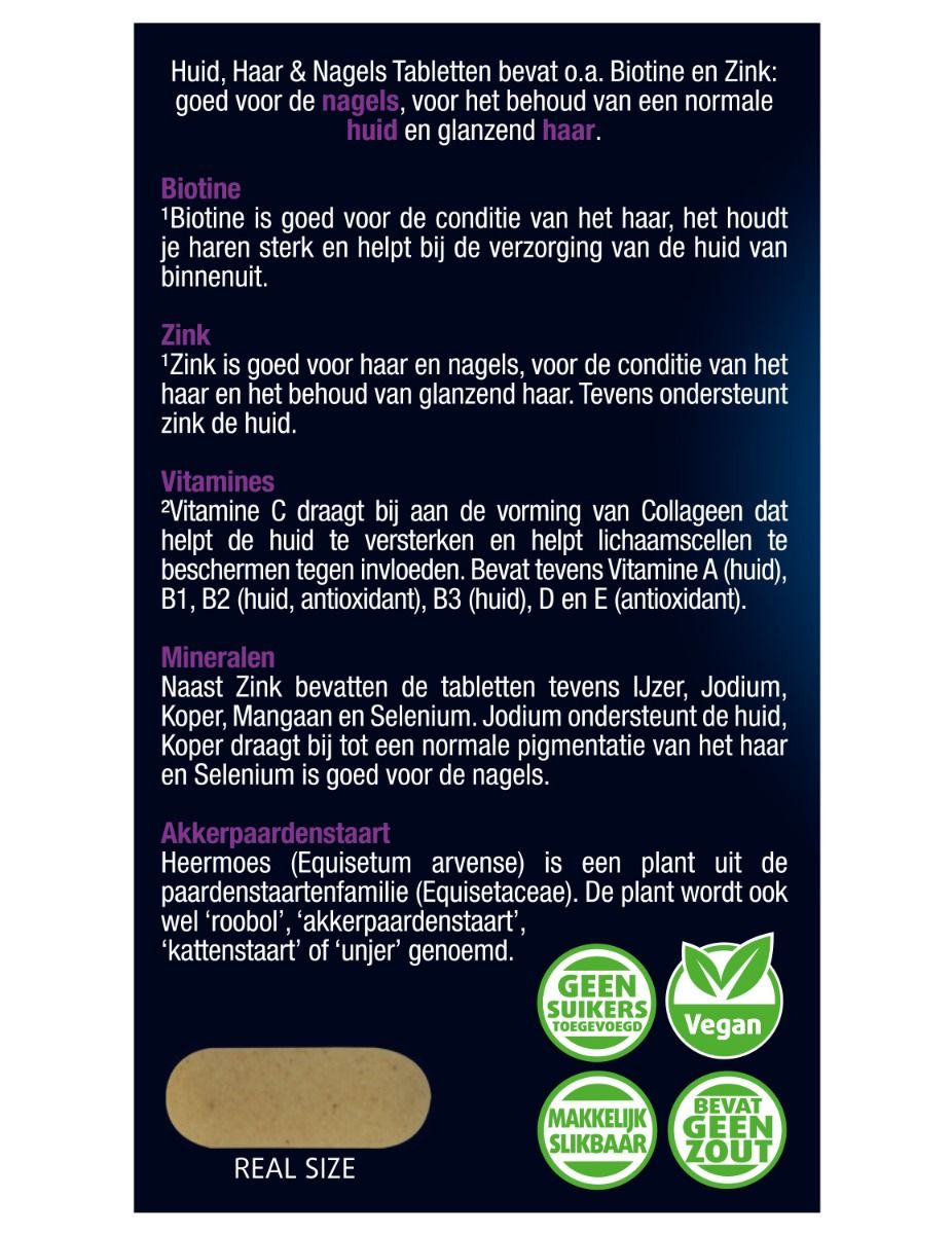 Dos de l'emballage des comprimés Lucovitaal Huid, Haar & Nagels. Contient des informations sur les ingrédients et les certifications.