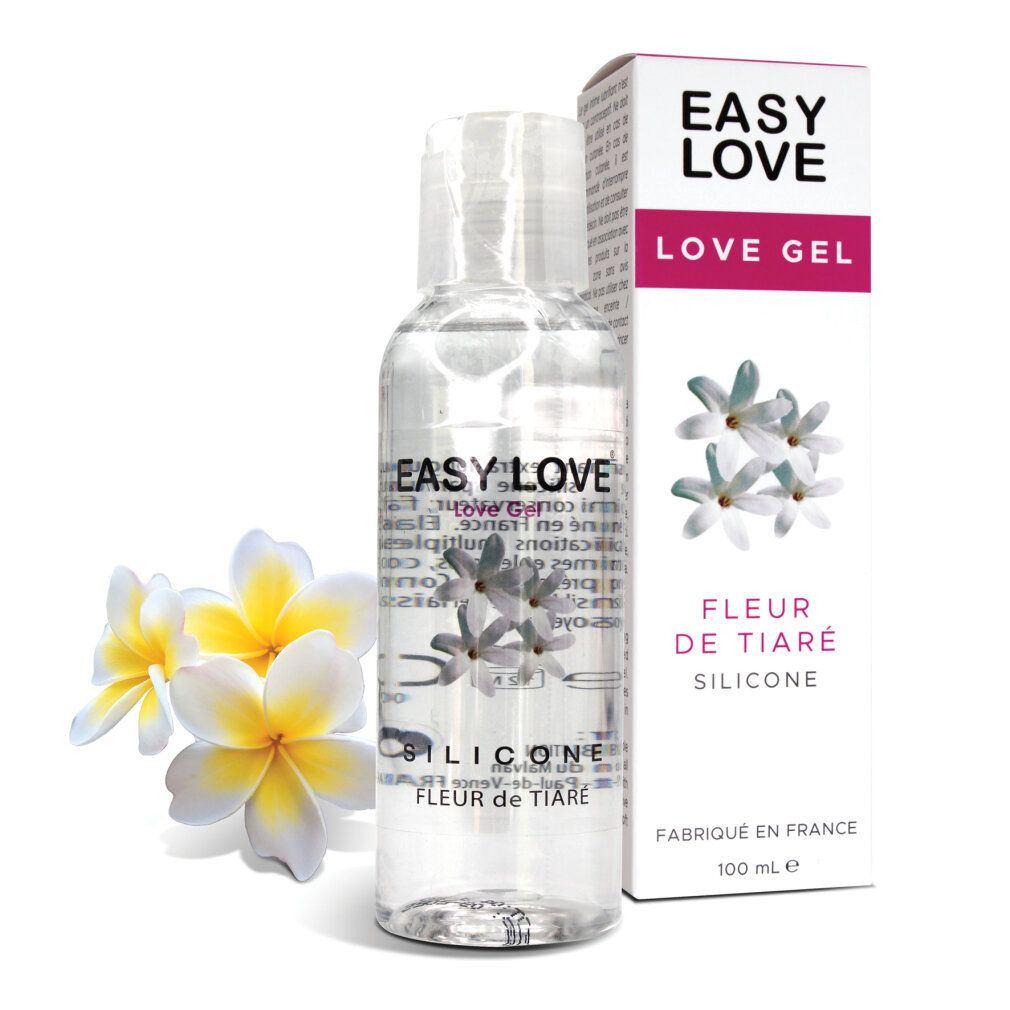 Easy Love Love Gel, fruitige massageolie met Tiaré bloemengeur. Op siliconenbasis.