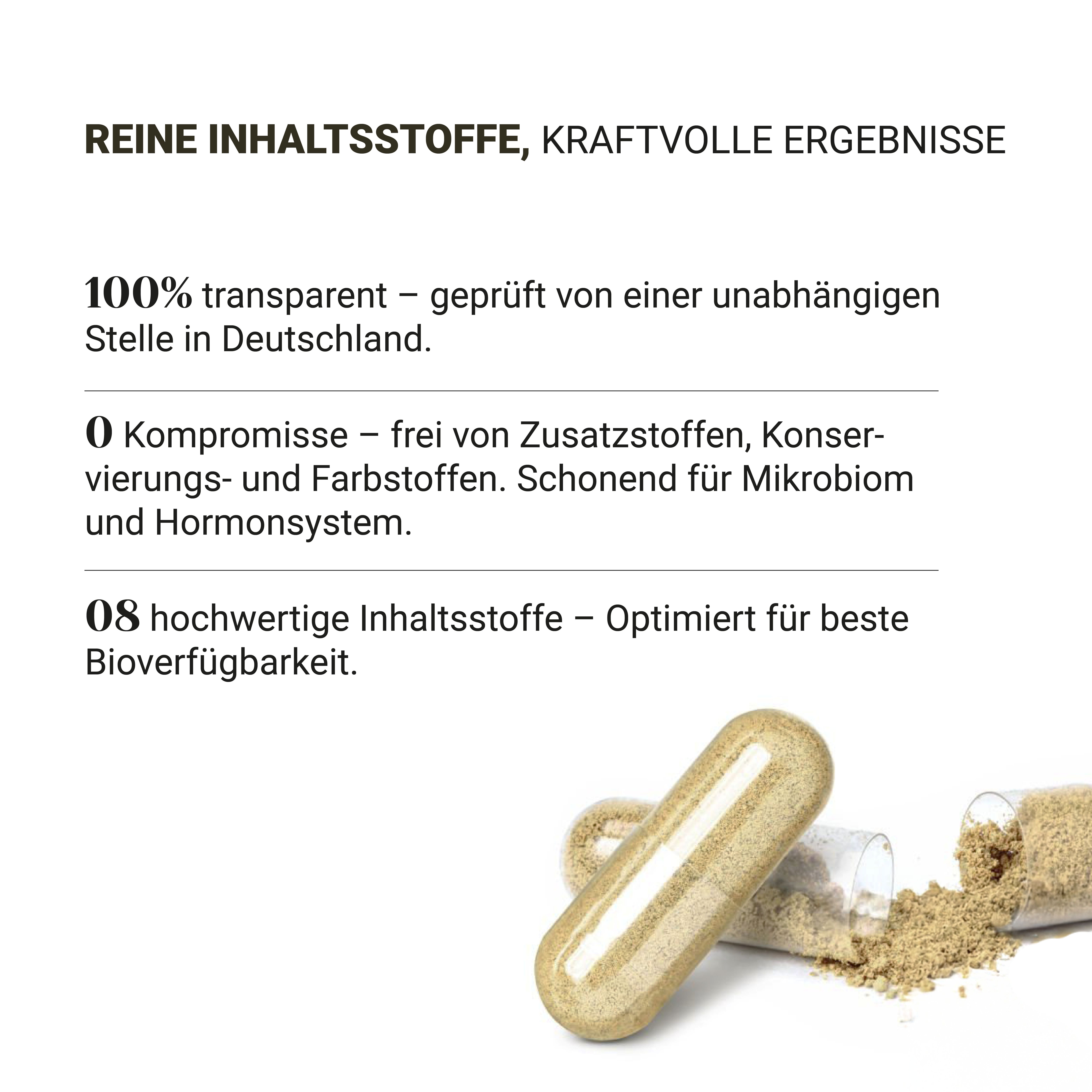 Capsules en poeder. Tekst: Pure ingrediënten, krachtige resultaten.