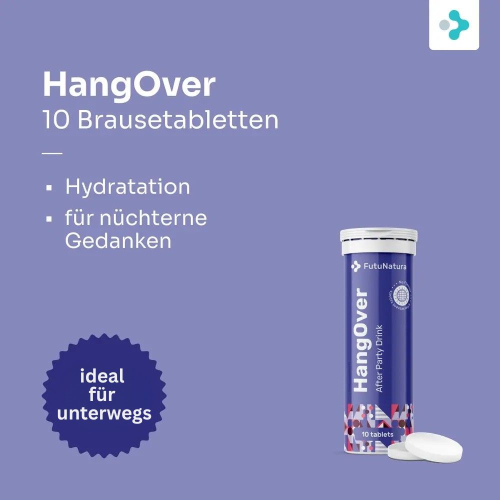 Image publicitaire avec comprimés "HangOver". Texte: "Hydratation", "pour un esprit sobre". "Idéal pour emporter". Comprimés et emballage.