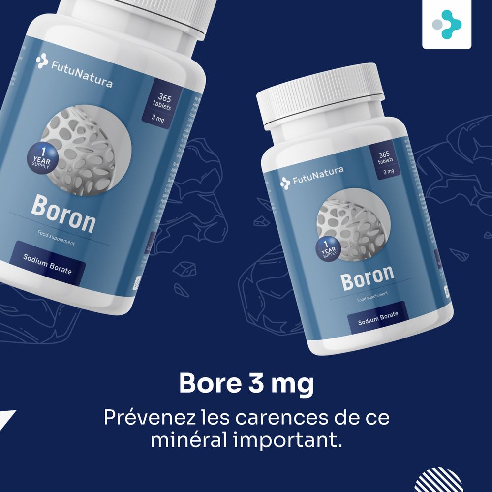 Deux flacons Boron 3 mg. Texte: Prévenez les carences de ce minéral important. Marque: FutuNatura.