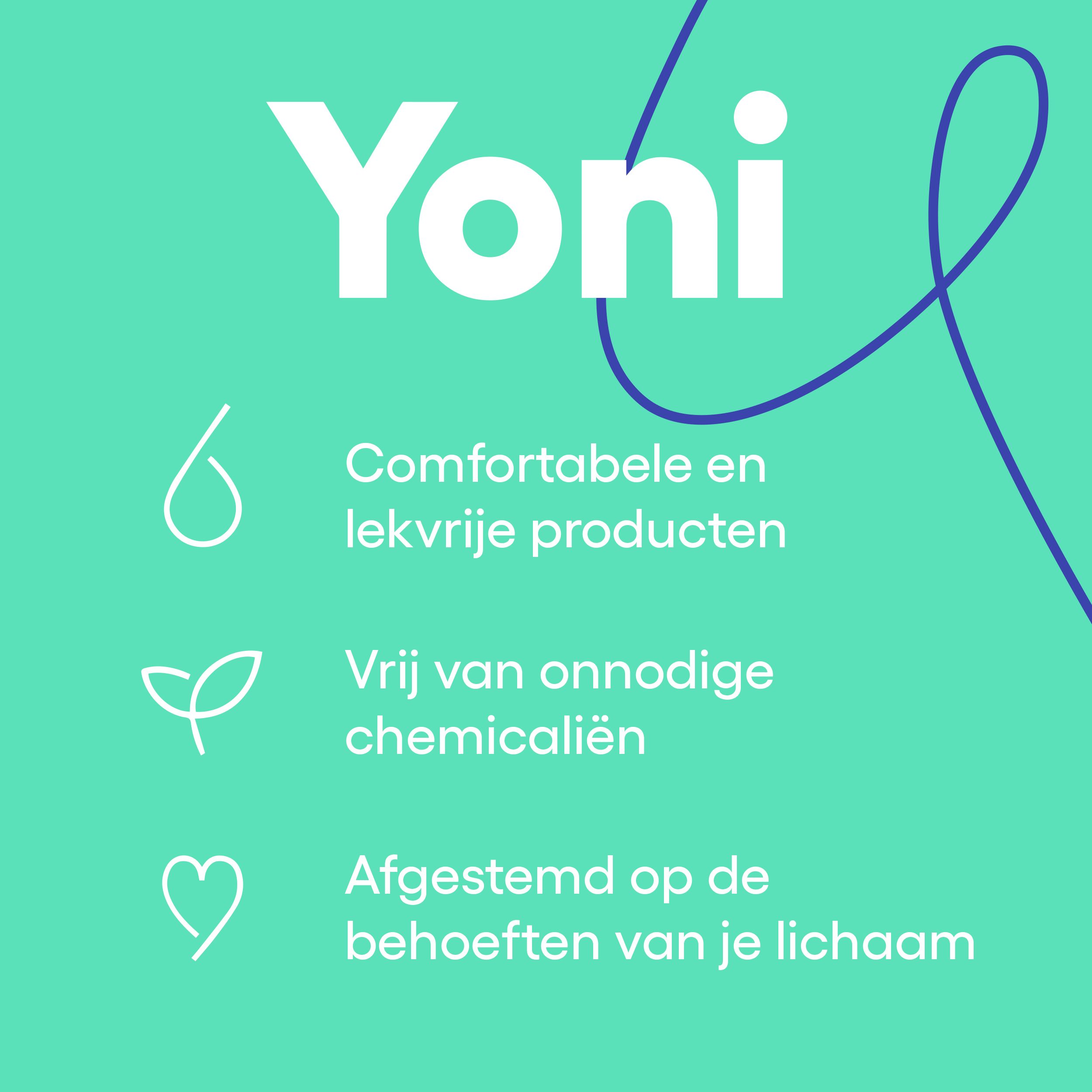 Yoni-logo en tekst: Comfortabele en lekvrije producten. Vrij van onnodige chemicaliën. Afgestemd op de behoeften van je lichaam.