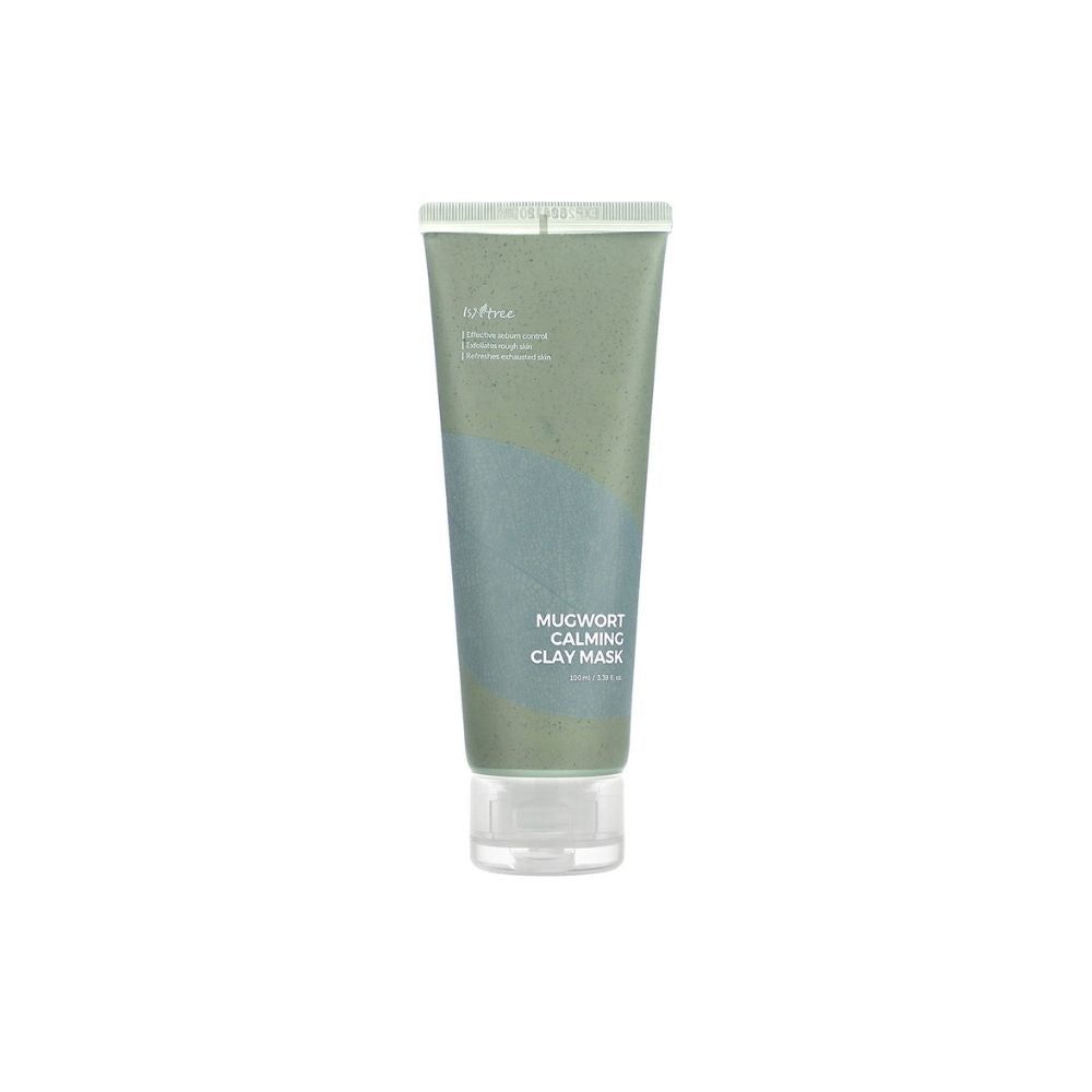 Groen-blauwe tube. Opschrift: MUGWORT CALMING CLAY MASK. Transparante sluiting. Cosmetisch product.