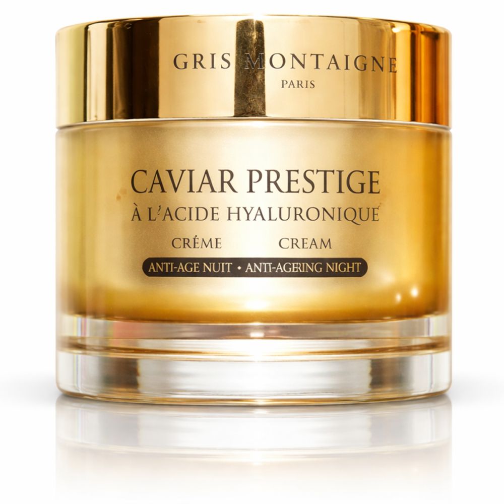 Pot doré de crème. Inscription: Caviar Prestige, à l'Acide Hyaluronique, Crème, Anti-Age Nuit. Marque Gris Montaigne.