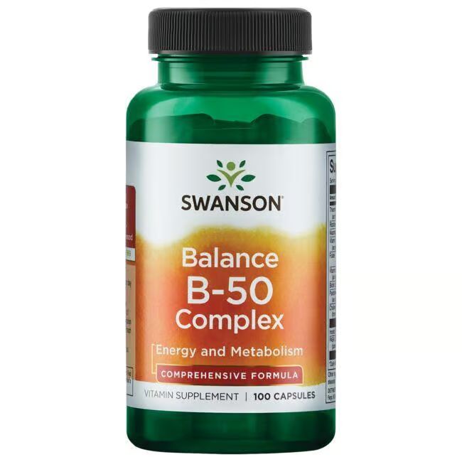 Groene fles met zwarte dop. Label met "SWANSON Balance B-50 Complex". Bevat 100 capsules.