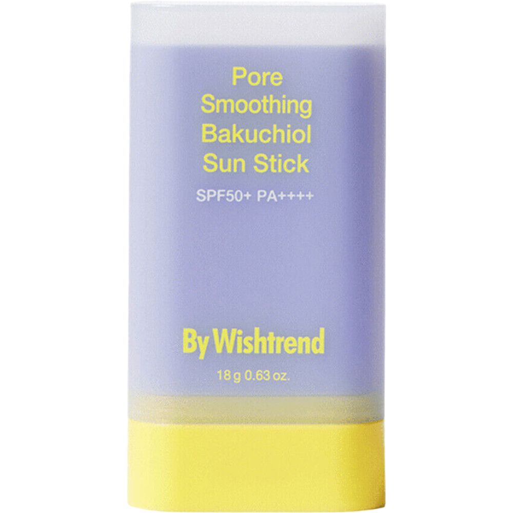 Stick solaire violet et jaune. Texte : Pore Smoothing Bakuchiol Sun Stick, SPF50+ PA++++, By Wishtrend. 18 g 0.63 oz.