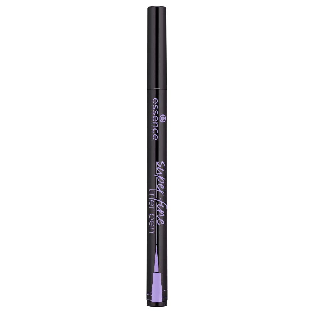 Eyeliner feutre noir. Inscription: Essence, Super fine liner pen. Accents violets.
