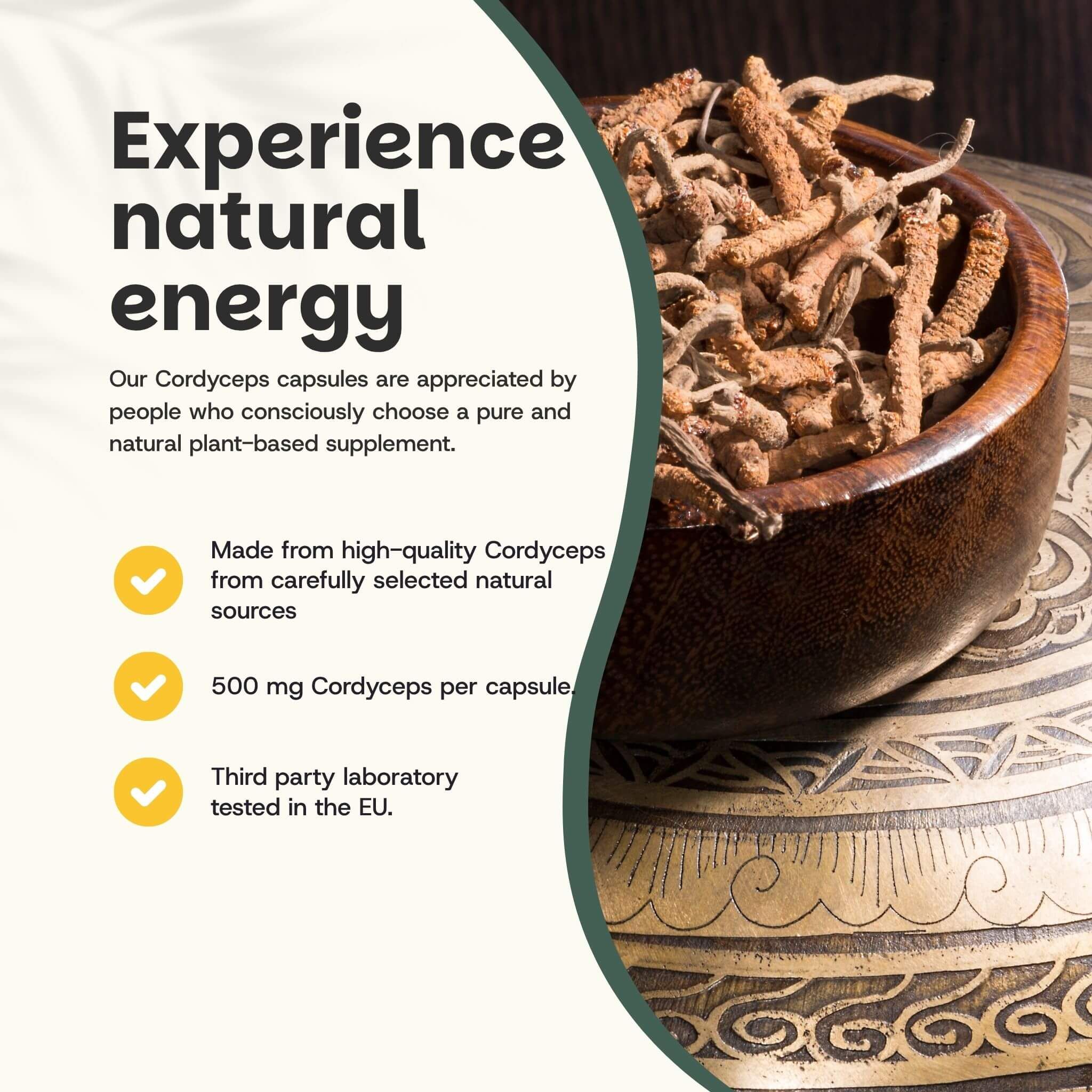 Champignons Cordyceps dans un bol en bois. Texte : Découvrez l'énergie naturelle. 500 mg de Cordyceps par gélule. Testé dans l'UE.