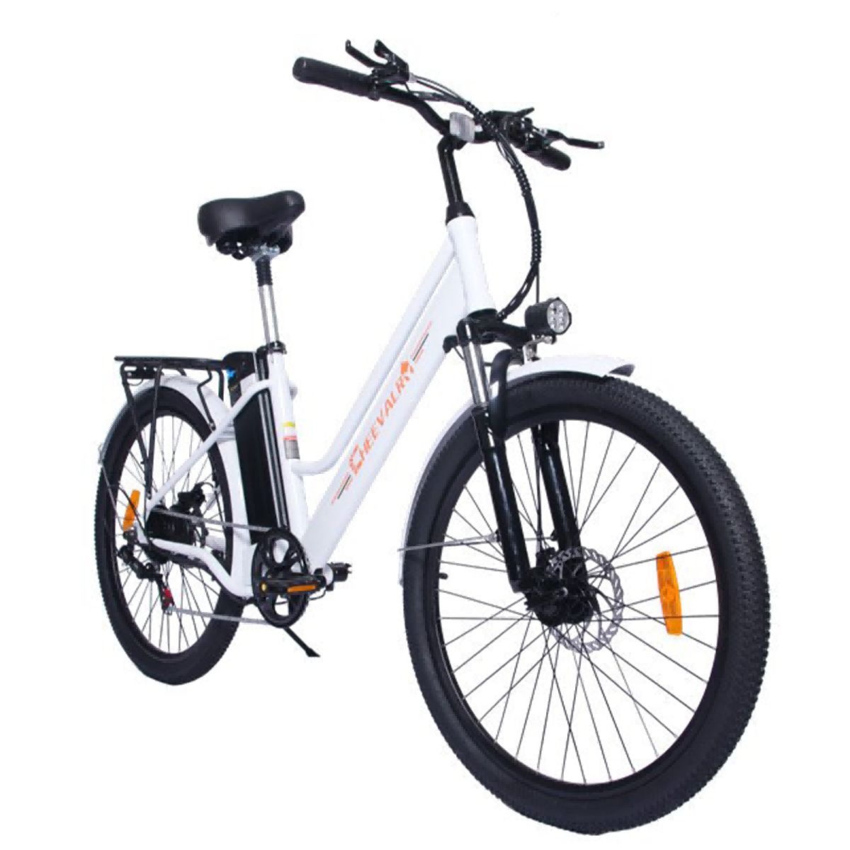 Vélo électrique blanc avec pneus noirs, phare et marque Cheevalry.