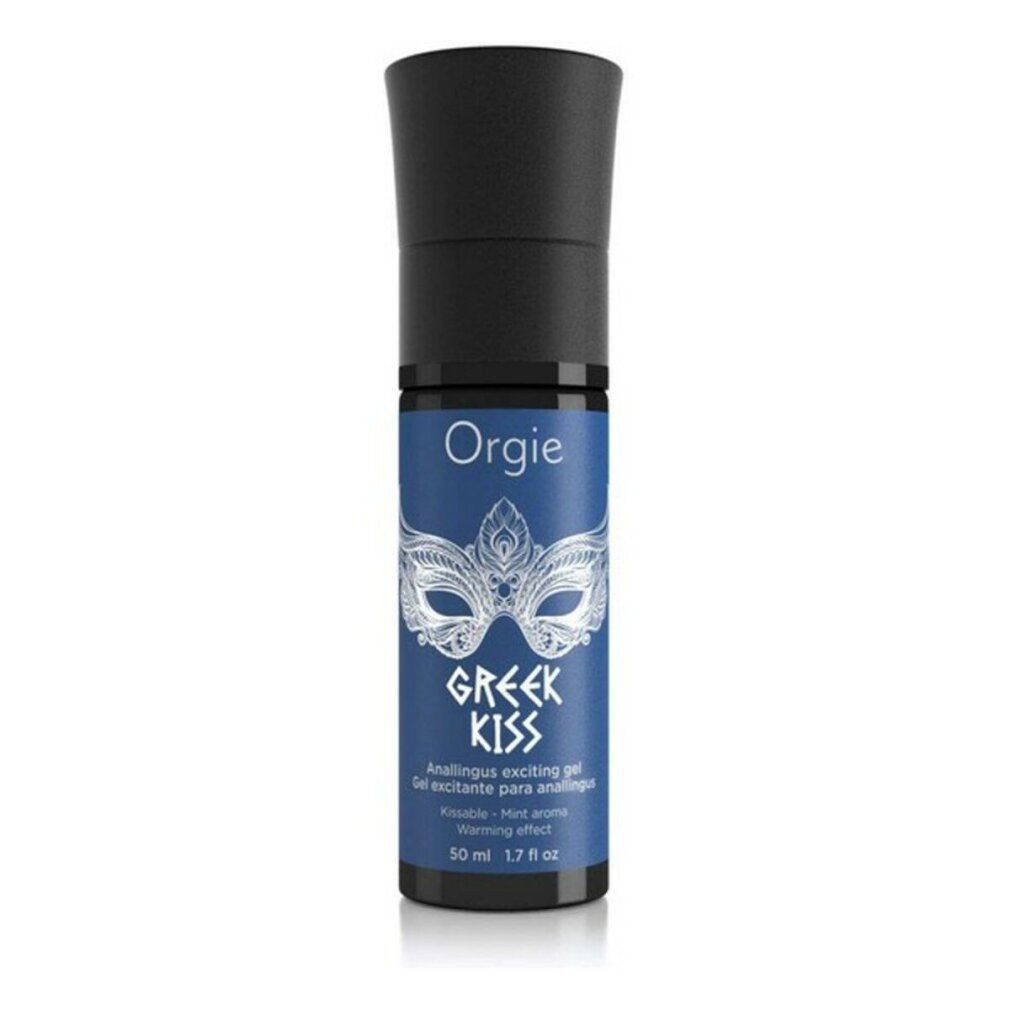 Flacon bleu avec bouchon noir. Inscription "Orgie Greek Kiss". Gel anal. Design de masque. 50 ml.