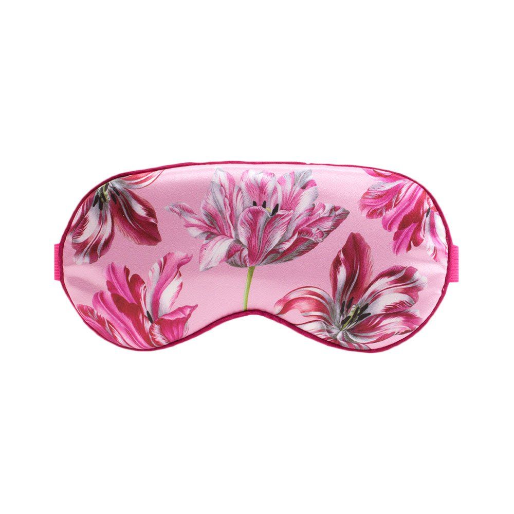 Slaapmasker met tulpenpatroon. Roze band.