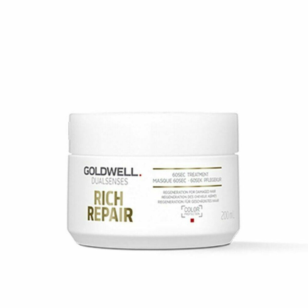 Goldwell Dualsenses Rich Repair 60 Sekunden Treatment. Witte pot met gouden tekst. Tekst: Regeneratie voor beschadigd haar.