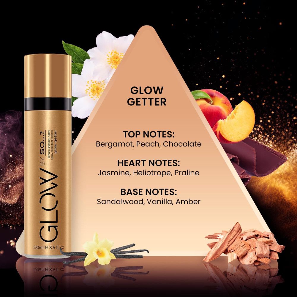 Flacon doré avec texte. Triangle avec texte: Glow Getter, notes de parfum. Pêche, fleurs, vanille, bois.