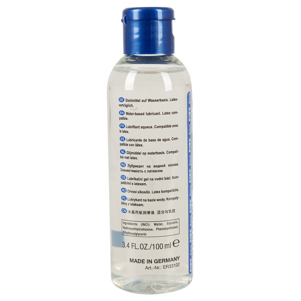 Achterkant van de Eros Aqua glijmiddel fles met productinformatie en ingrediënten.