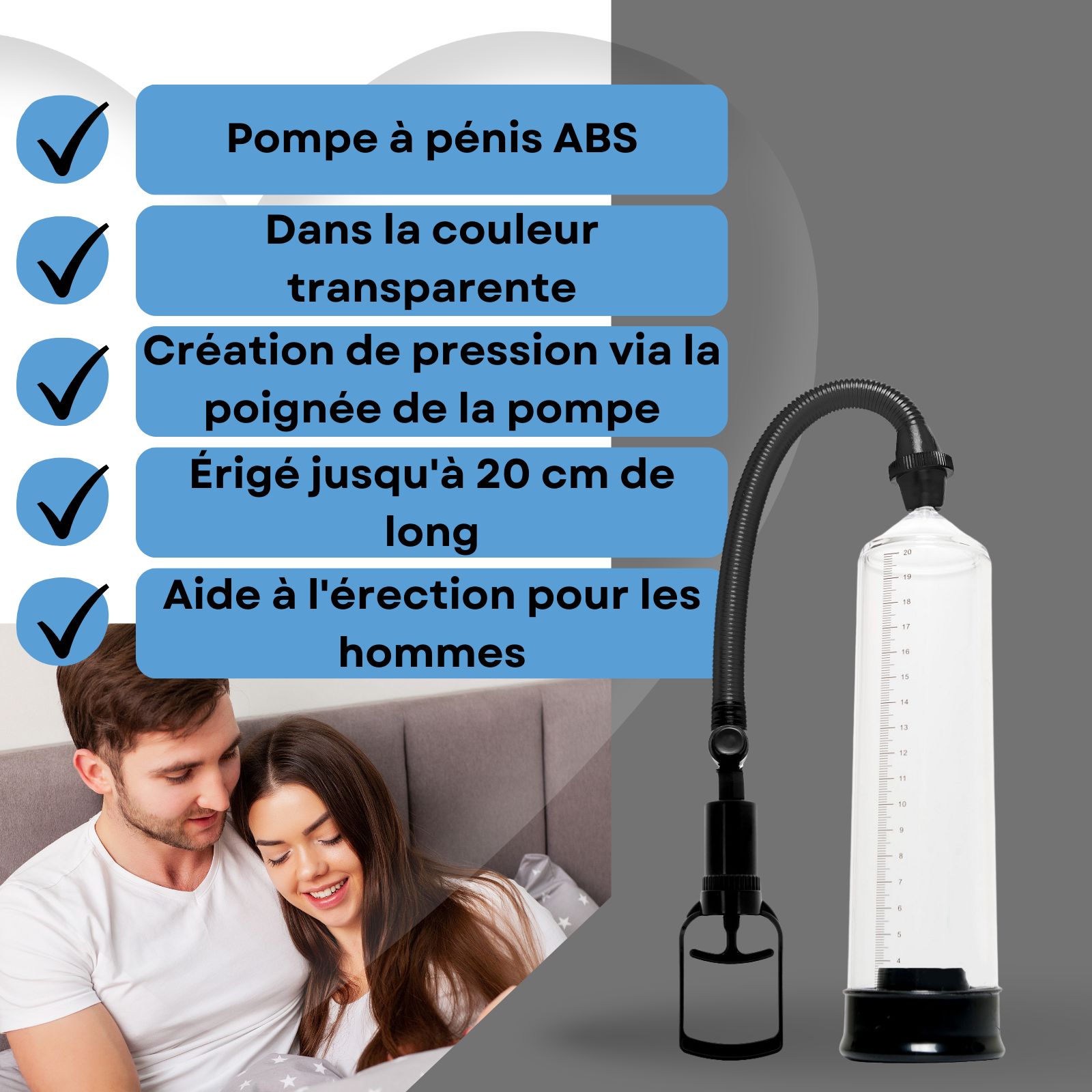 Pompe à pénis avec poignée. Boîtier transparent, base et tuyau noirs. Couple au lit.