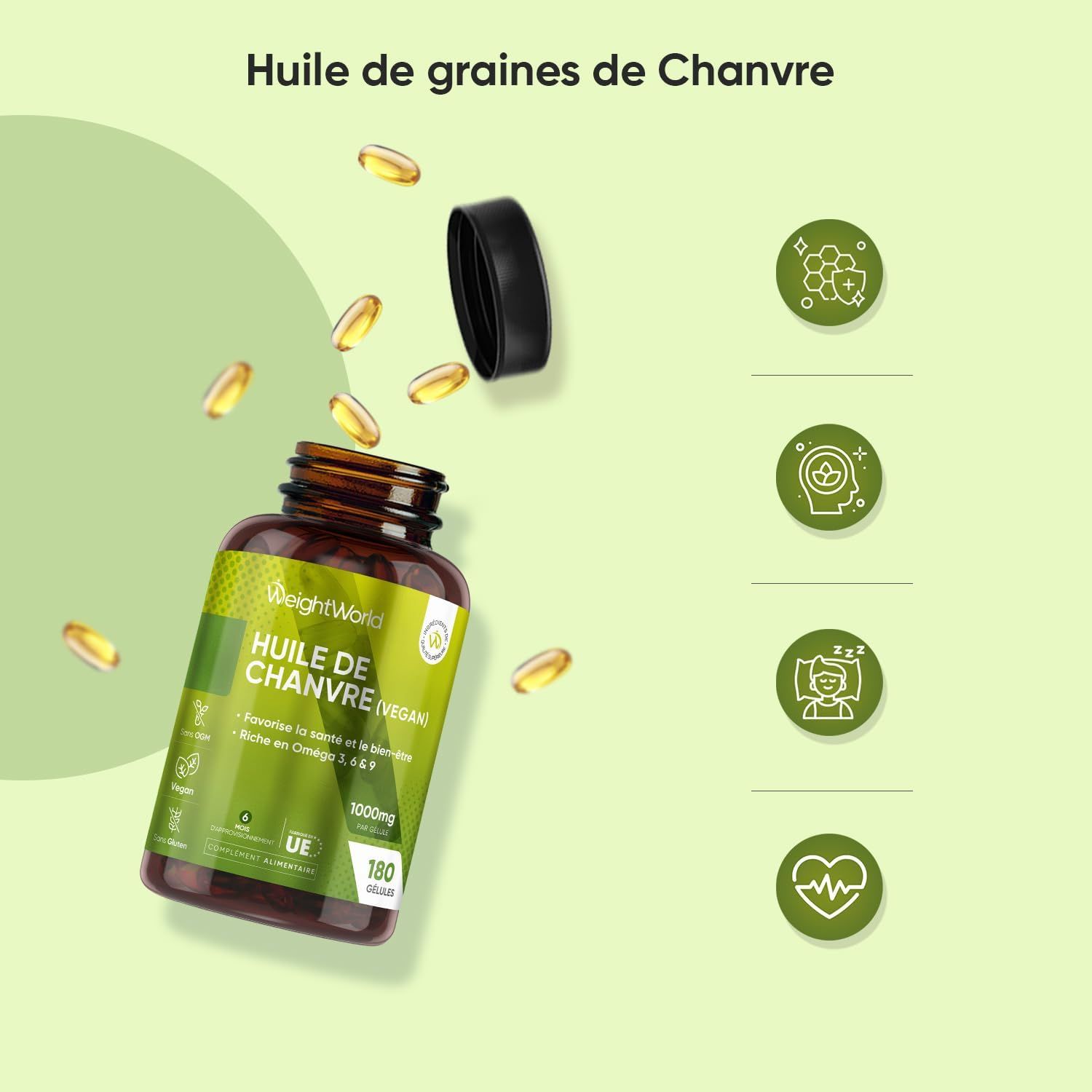 Bouteille de WeightWorld Huile de Chanvre (Vegan) avec étiquette indiquant 180 gélules molles et 1000mg.
