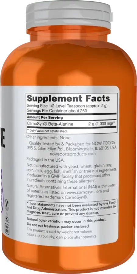 Achterkant van de pot. Bevat voedingsinformatie, ingrediënten, fabrikanteninformatie en waarschuwingen. Merk: NOW FOODS.
