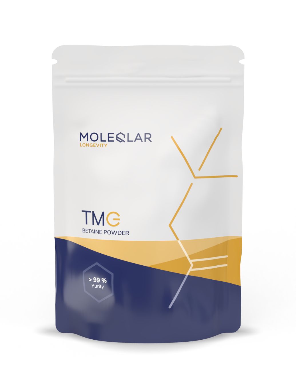 MoleQlar TMG Betaine poederzakje met >99% zuiverheidsaanduiding.