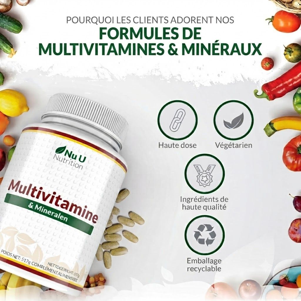 Bouteille de multivitamines et minéraux Nu U Nutrition avec des gélules à côté.