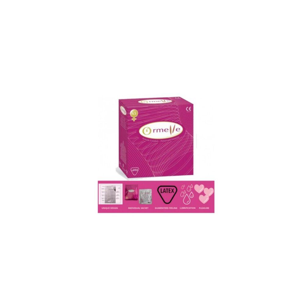 Boîte rose Ormelle. Contient le symbole latex et le marquage CE. Pictogrammes et cœurs également représentés.