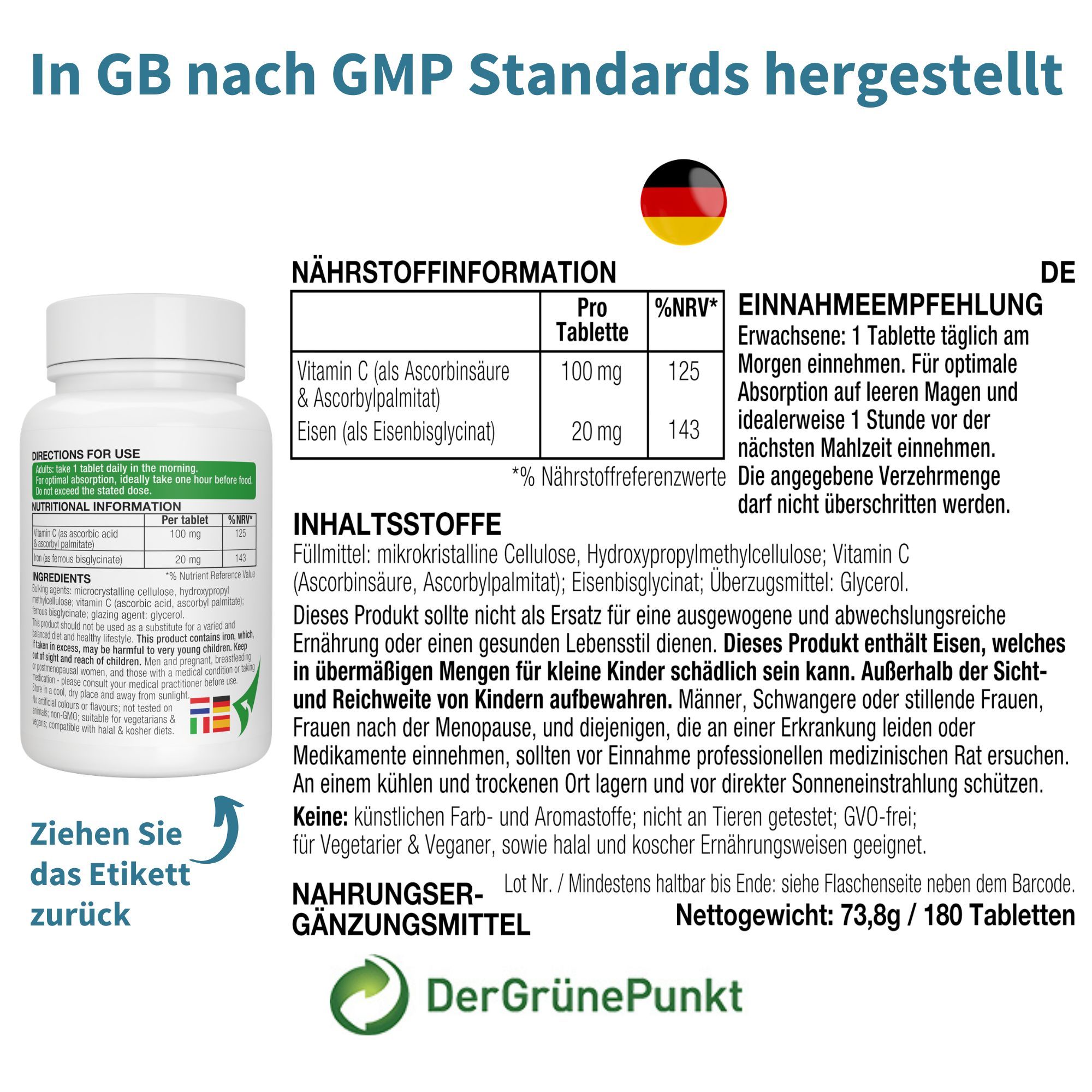 Achterkant van de Igennus Iron Bisglycinate fles met voedingsinformatie en certificeringen.
