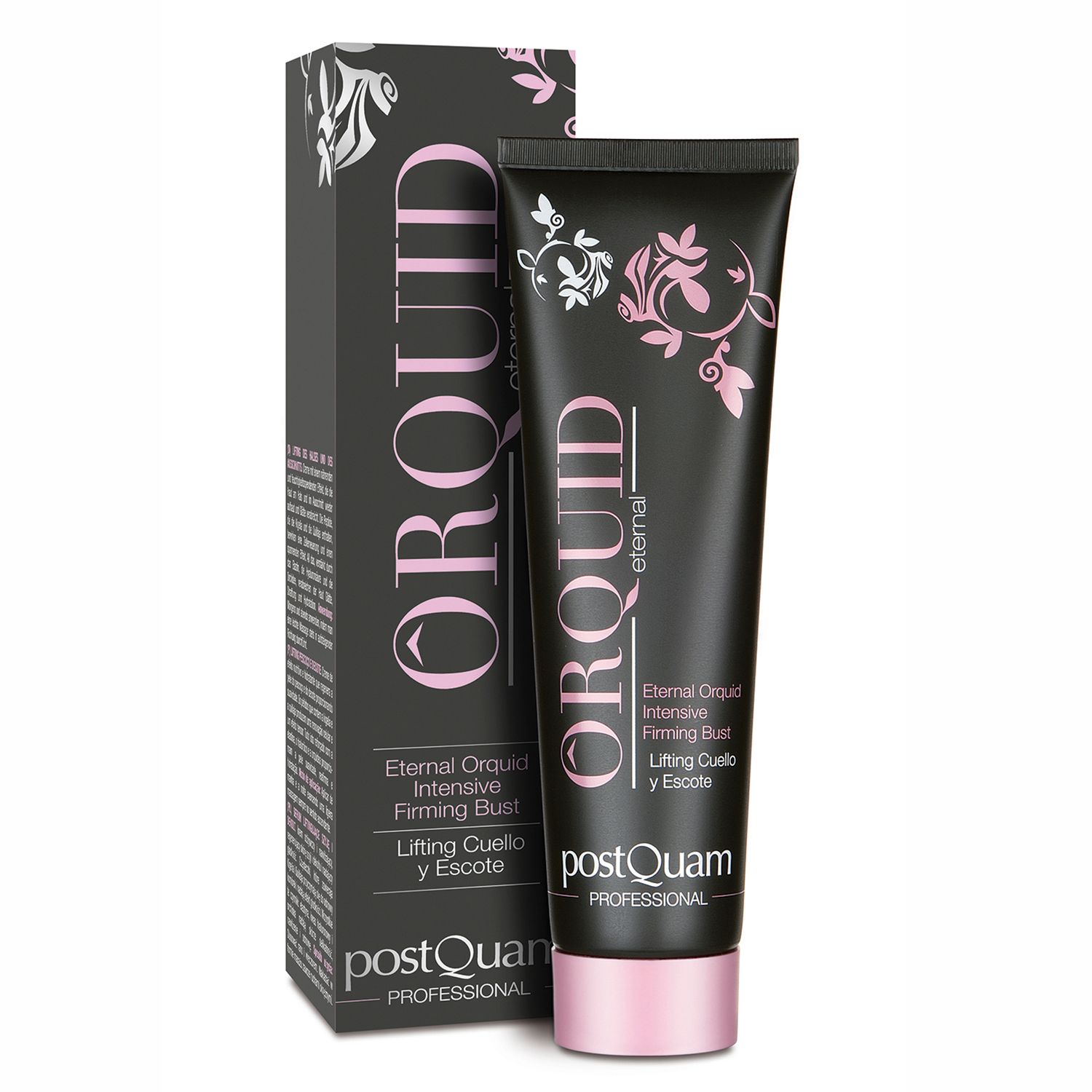 Tube et boîte noirs avec nom du produit et motifs floraux. Texte: Eternal Orquid, Intensive Firming Bust, Lifting Cuello y Escote.