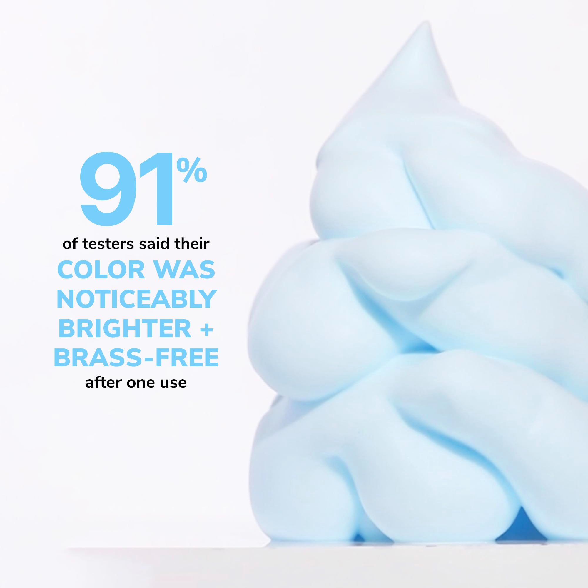Mousse bleu clair. Texte: 91% des testeurs ont déclaré que leur couleur était plus brillante après une utilisation.