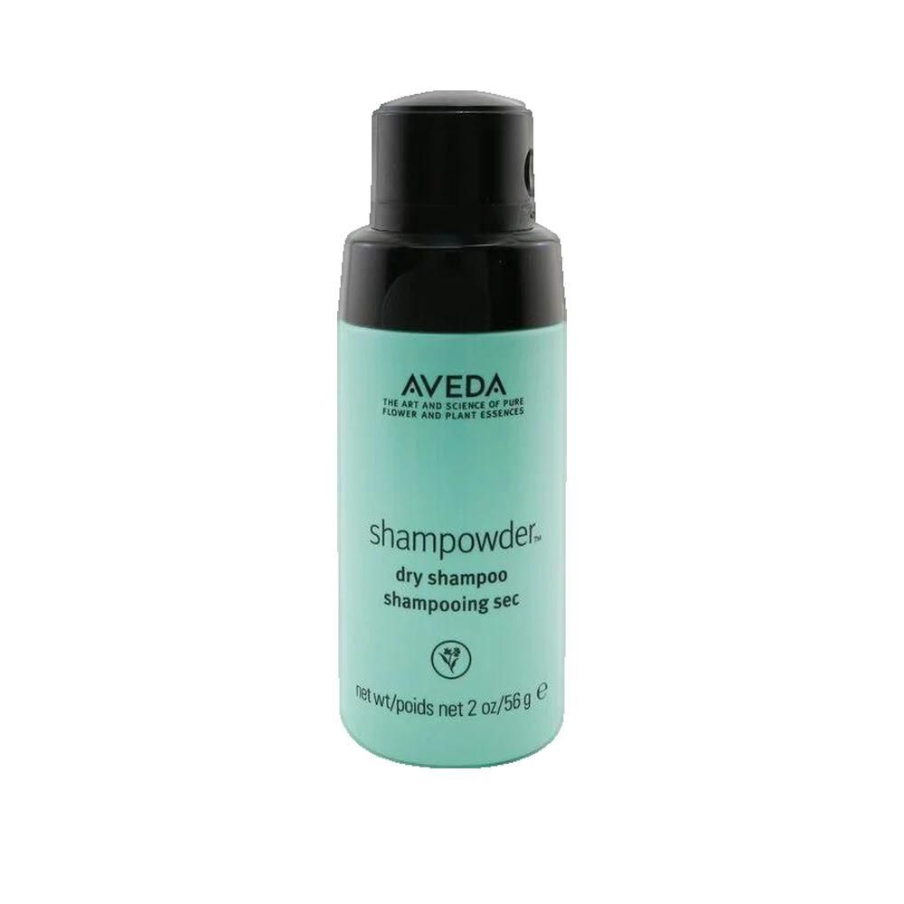 Flacon turquoise, bouchon noir. Logo AVEDA et nom du produit: shampowder. Texte: dry shampoo, shampoing sec.
