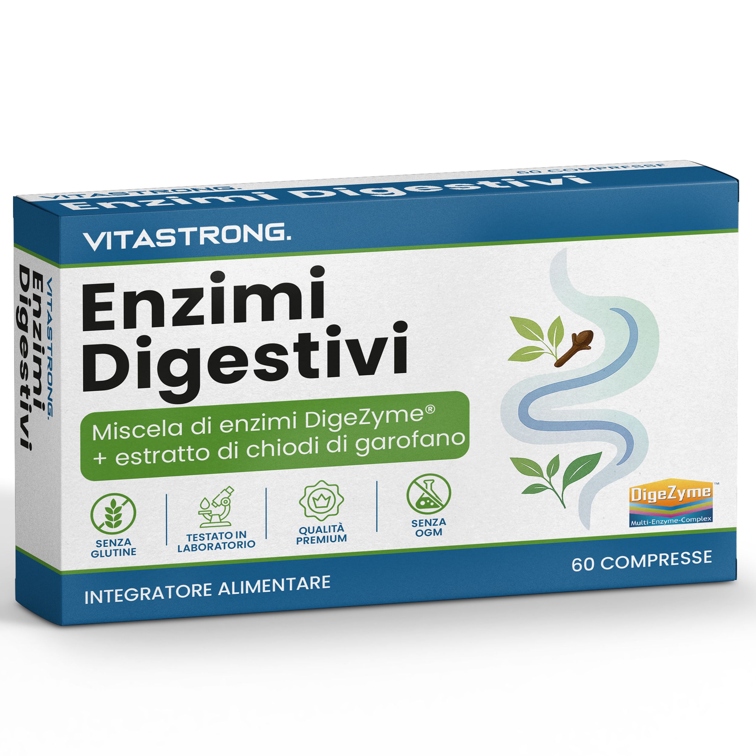 Vitastrong Enzimi Digestivi. Verpakking met 60 tabletten. Glutenvrij, laboratorium getest, premium kwaliteit.