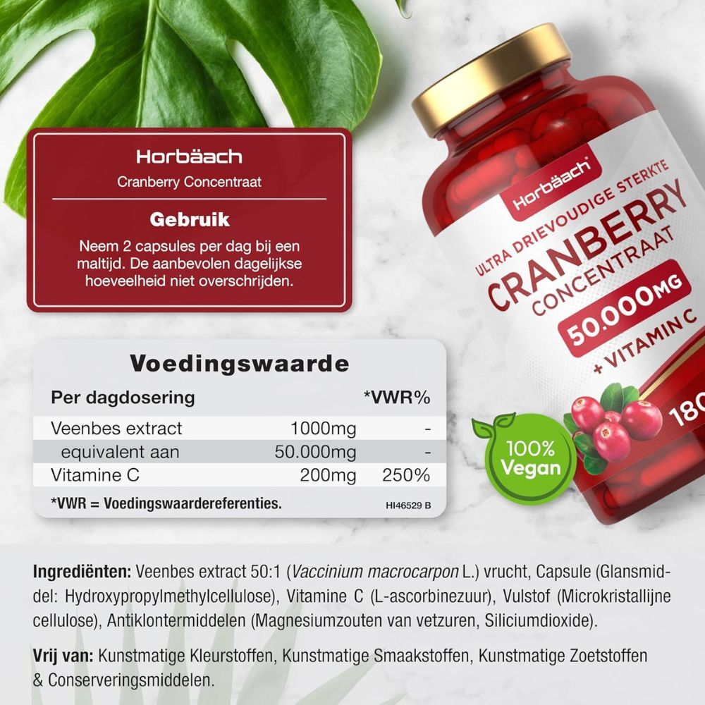 Rode capsules in een fles. Opschrift: Cranberry Concentrate 50.000mg + Vitamine C. 180 capsules. GMP.