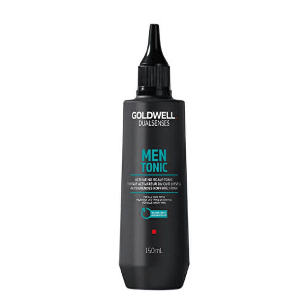Flacon noir avec applicateur noir. Inscription: Goldwell Dualsenses Men Tonic. Tonique activateur cuir chevelu. 150ml.