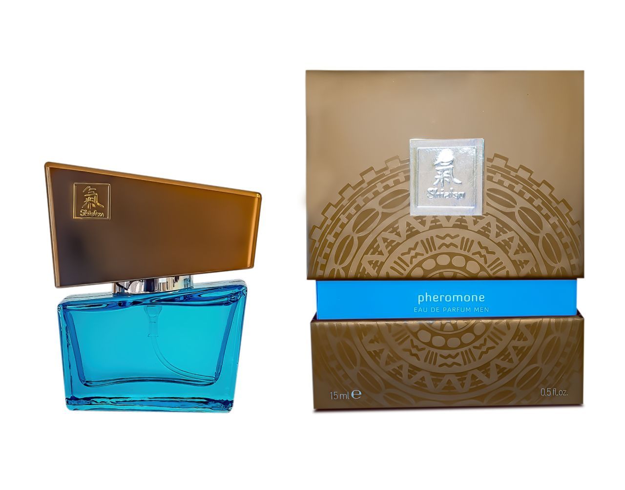Bouteille en verre bleu sarcelle avec bouchon doré à côté de son emballage.