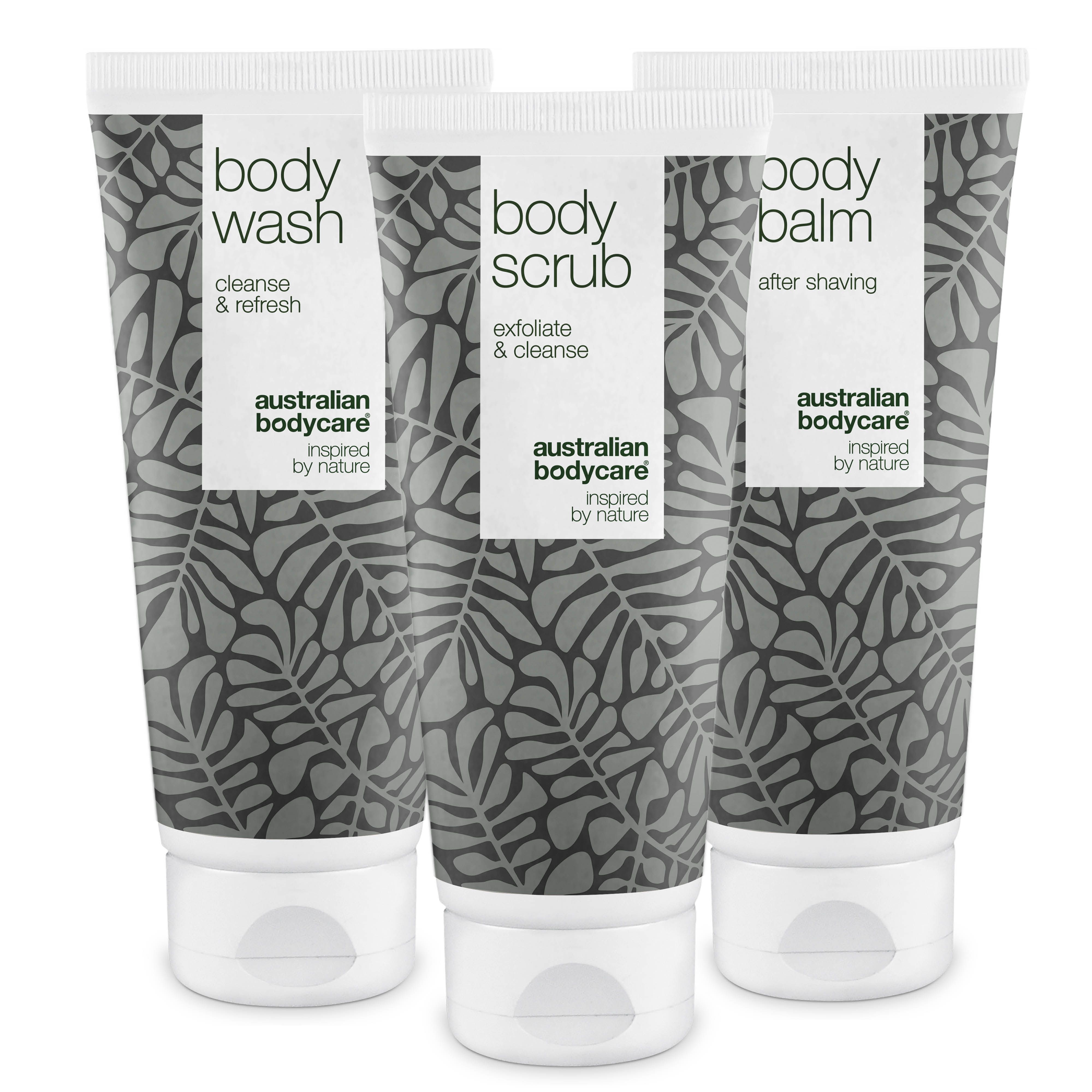 Trois tubes de produits pour le corps. Inscriptions : Body Wash, Body Scrub, Body Balm. Marque : Australian Bodycare.