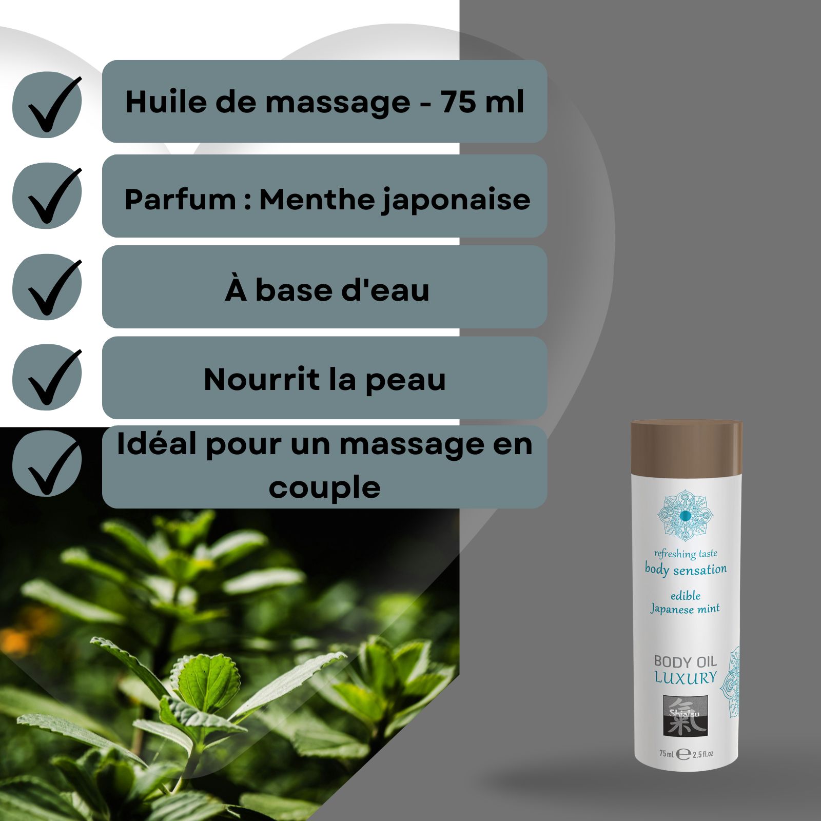 Flacon d'huile corporelle Shiatsu Luxury à la menthe japonaise. Idéal pour massage en couple.