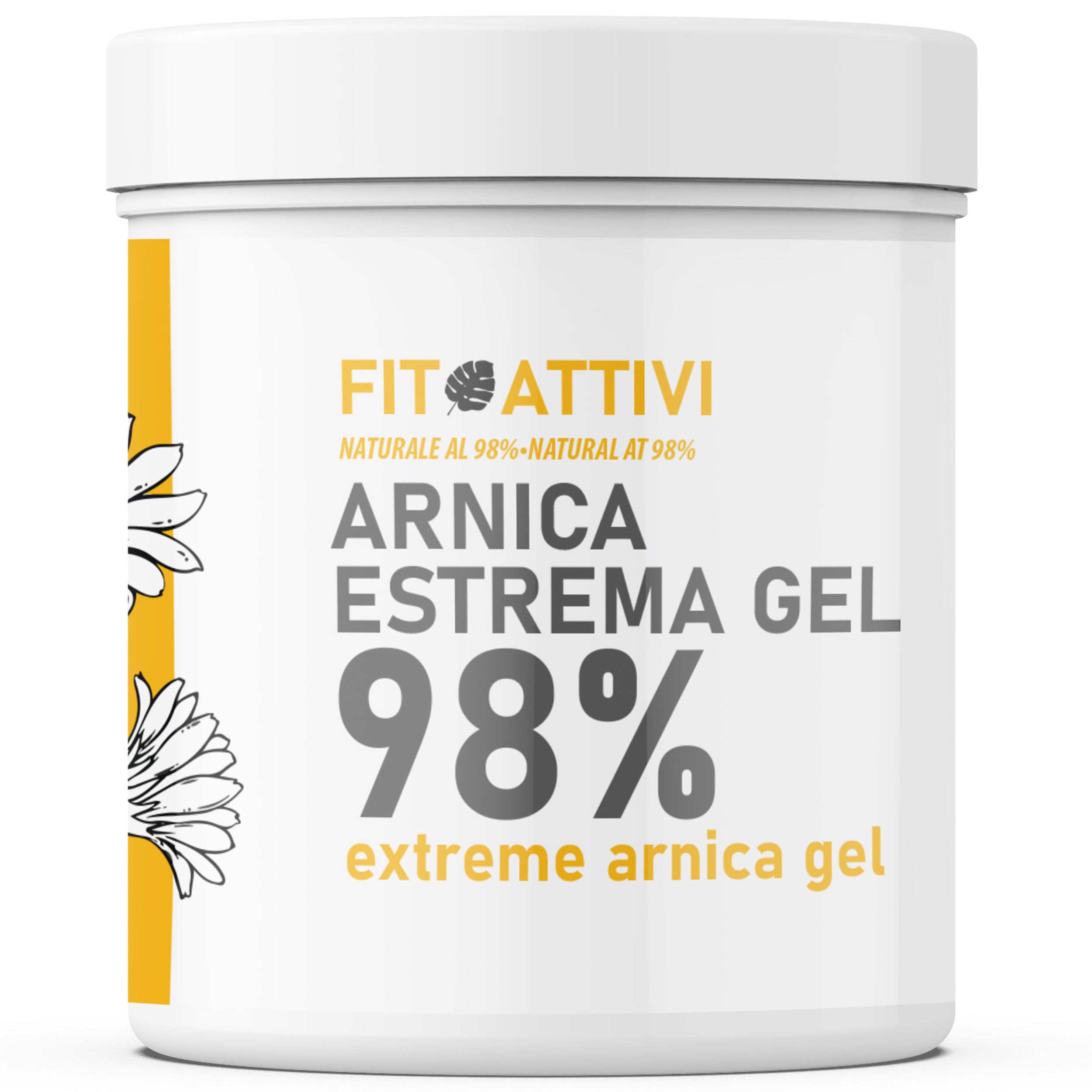 Witte pot Fitoattivi Arnica Extreem 98% Gel. Tekst: Extreme arnica gel. Natuurlijke formule op 98%.