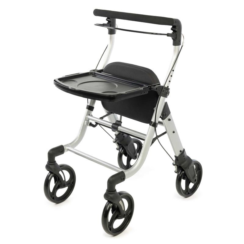 Déambulateur léger en aluminium avec siège, plateau et sac.