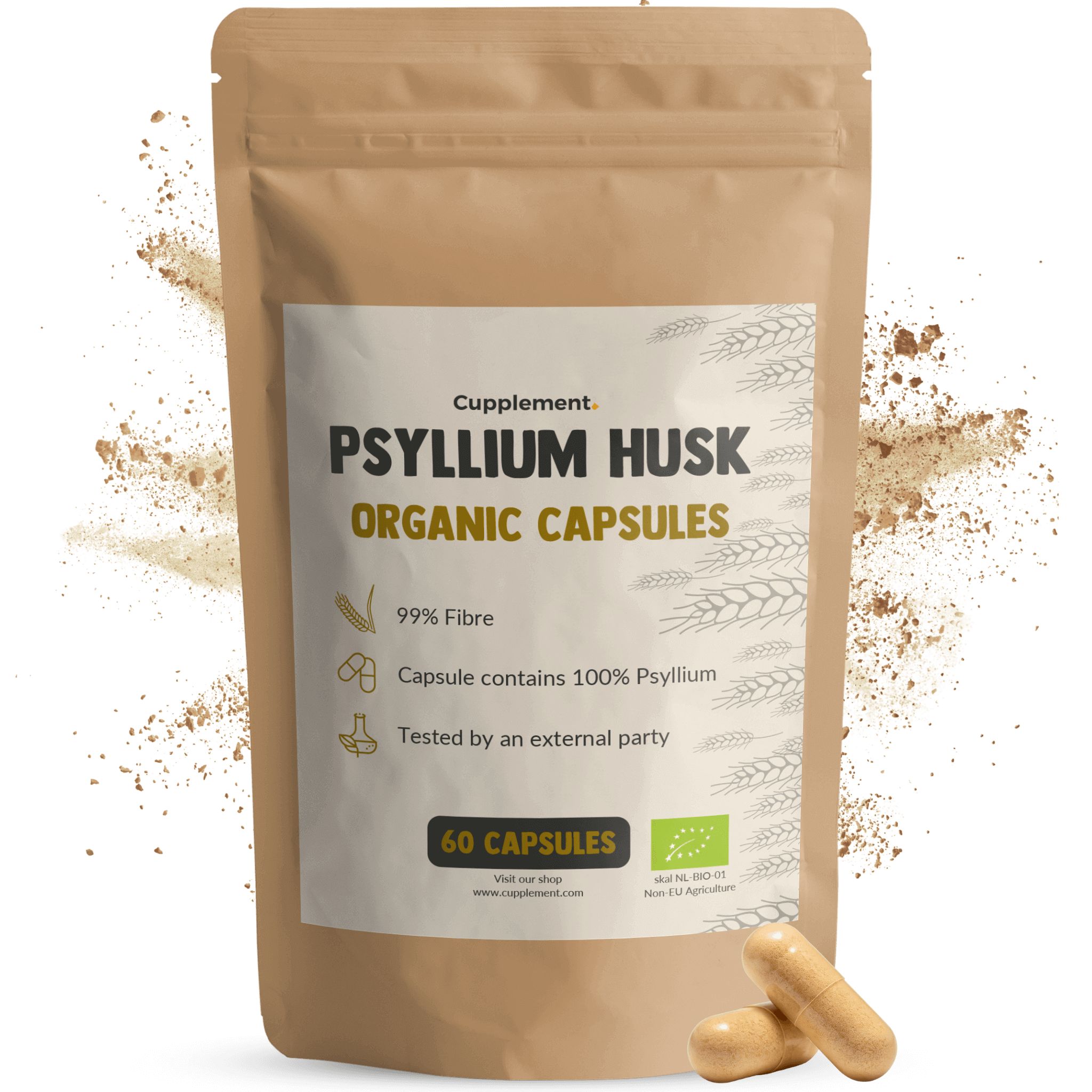 Zak met Cupplement® Psyllium Husk capsules. 60 capsules. Tekst: Organic Capsules, 99% Fibre. BIO-keurmerk. Twee capsules.